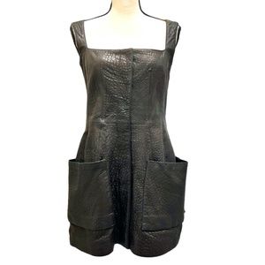 ALEXANDER MCQUEEN BLACK LEATHER PINAFORE OVERALL SQUARE NECK MINI DRESS